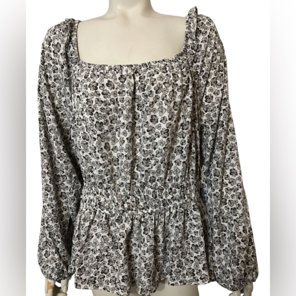 NWOT Nine West Boho Gray White Floral On Off Shoulder Peplum Blouse Size M - Picture 4 of 11